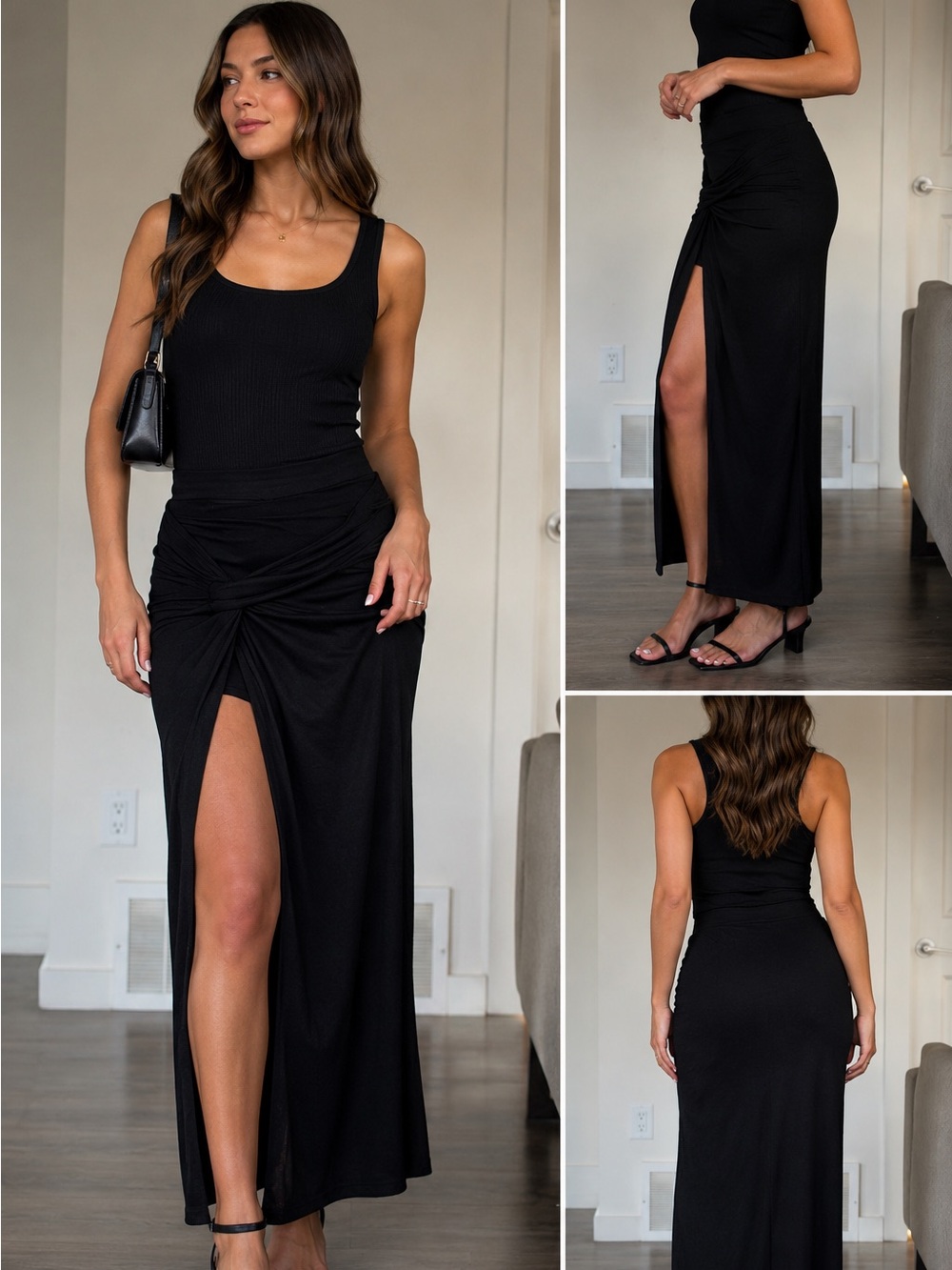 Dynamite Black Twist-Waist Maxi Skirt with High Front Slit